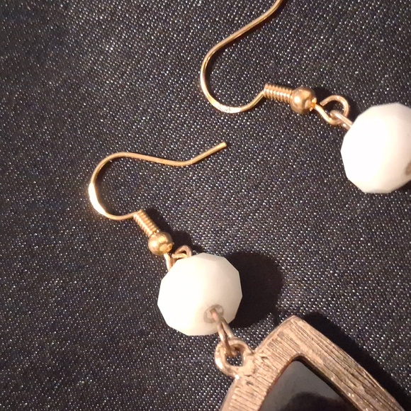 Black Geometric, Gold Over 925 Dangle Hooks Earrings . - Picture 8 of 9